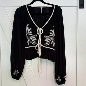 Free People Black and White Embroidered Blouse